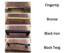 four different types of handles on wooden flooring with black iron and fingertips