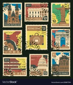 postage stamps with the image of different countries and their names on them, including the statue of