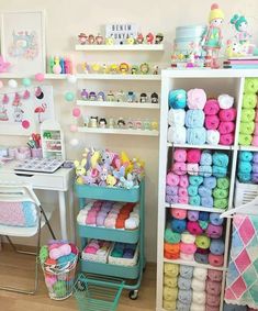 a room filled with lots of different types of crochet and yarns on shelves