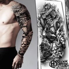 a man with tattoos on his arms and chest standing next to an image of a demon