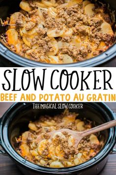 slow cooker beef and potato casserole with text overlay