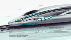 a futuristic train is shown in this graphic art work, with information about the design