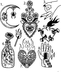 an ink drawing of various tattoos and symbols