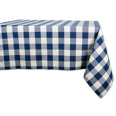 a blue and white checkered table cloth