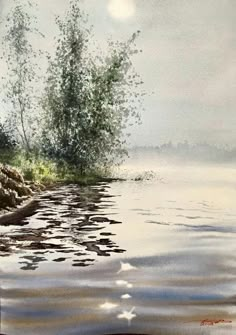 a painting of water and trees on the shore with sun reflecting in it's reflection