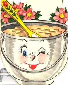 a drawing of a bowl of soup with a spoon sticking out of it's mouth