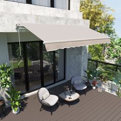 an artist's rendering of a patio with chairs and umbrellas on the deck