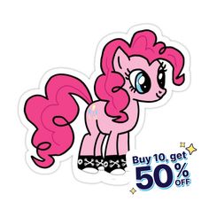 a pink pony sticker sitting on top of a white background with the words buy 10 get 50 % off