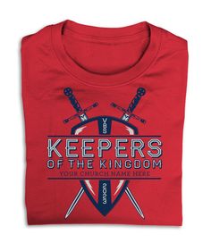 a red t - shirt with two crossed swords and the words keepers of the kingdom