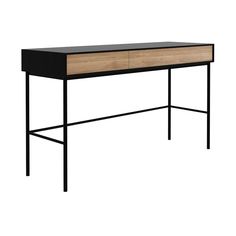 a black and wood desk with two drawers on one side, against a white background