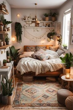 a bed room with a neatly made bed and lots of plants