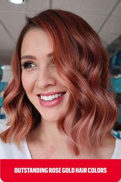 Darker Rose Gold Wavy Bob Copper And Rose Gold Hair, Rose Gold Hair Color Ideas, Gold Hair Color Ideas, Rose Gold Hair Color, Gold Hair Color, Toned Hair, Warm Hair Color, Best Rose, Gold Hair Colors