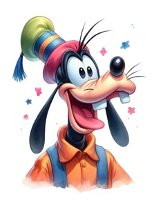 the goofy character is smiling with his tongue out and wearing a clown's hat