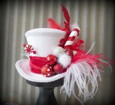 a white hat with red and white decorations