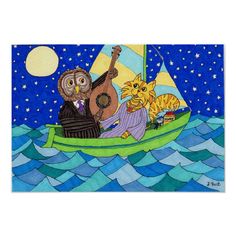 an owl and cat on a boat in the ocean