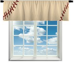 a baseball themed window valance with the sky in the background and clouds behind it