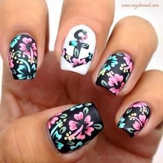 Flower Nail Art Nautical Nail Designs, Anchor Nail Art, Floral Nail Designs, Her Nails, Floral Nail Art