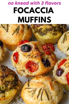 muffins on a plate with the words, no knead with 3 flavors focaccia muffins