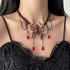 Length: 41-50cm Red Gothic Metal Necklace, Red Gothic Jewelry For Party, Gothic Party Necklace With Lobster Clasp, Red Jewelry With Lobster Clasp For Party, Red Party Jewelry With Lobster Clasp, Red Dangle Necklaces For Party, Red Metal Necklaces For Party, Red Metal Choker For Party, Red Clavicle Chain Necklace For Party