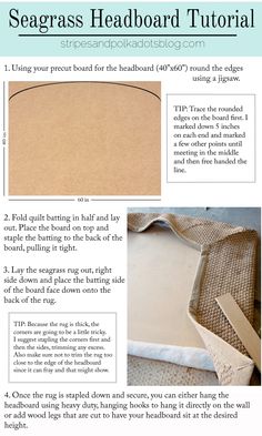 instructions for how to make a seagrass headboard with jute and burlock