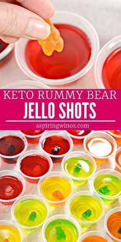 keto gummy bear jello shots in plastic cups with the text overlay reading keto rummy bear jello shots