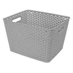 a gray plastic basket on a white background