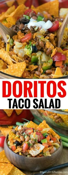 two bowls filled with taco salad and the words doritos in front of them