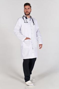 When you want a work wardrobe that's minimalist but stylish and functional, make this scrub uniform your business! A fashionable and concise surgical scrubs set like this will make any male doctor or caregiver look classy when at work. It combines functionality with an attractive appearance. This lab coat is of a classic and laconic straight-cut silhouette that provides great comfort and doesn't restrict movements. The lab coat is complemented with patch pockets for more functionality and has sn Doctor Gift Ideas, Scrub Uniform, Care Giver, Uniform Men, Best Uniforms, Scrubs Nursing Uniforms, White Lab Coat, Doctor Scrubs, Doctor Outfit