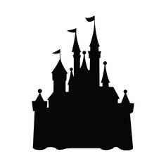 a black and white silhouette of a castle with flags on it's roof, against a white background