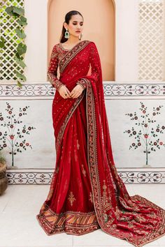 Royal Pakistani Bridal Dress in Deep Red Saree Style Luxury Red Saree With Intricate Embroidery, Elegant Red Saree With Dabka Work, Red Saree With Dabka Embroidery, Traditional Red Saree With Intricate Embroidery, Red Zardozi Saree, Red Saree Wedding, Pakistani Bridal Dress, Raw Silk Fabric, Red Saree