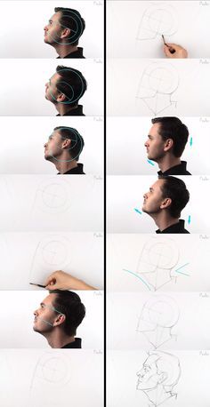 a series of photos showing how to draw a man's head with different angles