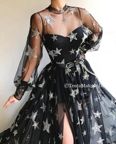 Starry Queen Gown | Teuta Matoshi Queen Gown, Detailed Black Dress, Hoco Dresses Long Sleeve, Hoco Dresses Long, Shiny Dresses, Unique Prom Dresses, A Line Prom Dresses, Korean Girl Fashion, Dress Shapes