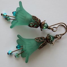 Host Pick Antiqued Brass Earwires And Bead Caps (Lead And Nickel Free) Austrian Crystals Large Aqua Lucite Flowers Handcrafted, Lightweight 2 1/4" Long Lucite Flower Earrings, Trumpet Flower, Blue Flower Painting, Lucite Jewelry, Handmade Envelopes, Teal Flowers, Bronze Earrings, Vintage Style Earrings, Painted Jewelry