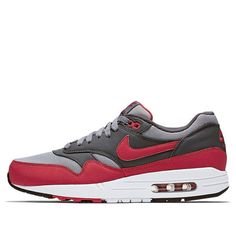 Nike Air Max 1 Essential 'Gym Red Grey' 537383-062 Nike Air Max Sporty Gray, Sporty Nike Air Max In Gray, Nike Air Max Gray Sneakers For Sports, Red Athleisure Sneakers With Air Cushioning, Red Nike Air Max For Sports With Boost Midsole, Red Nike Air Max With Boost Midsole For Sports, University Red Running Shoes For Sports, Nike Air Max Red With Air Cushioning, Red Nike Air Max For Running With Boost Midsole