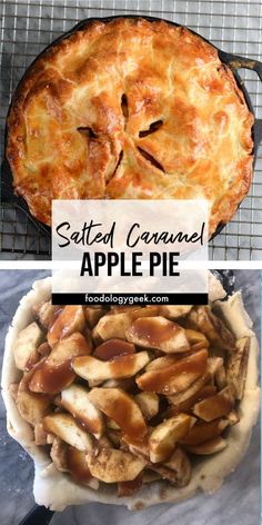 baked caramel apple pie with text overlay that reads, setted caramel apple pie