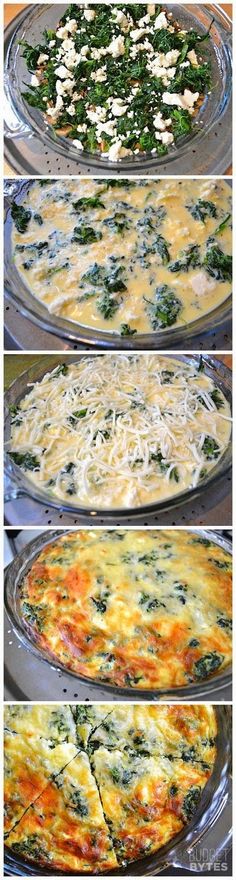 four different views of an omelet with spinach and cheese on top, in three separate pans