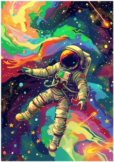 an astronaut floating in space surrounded by colorful clouds and stars, as well as the earth