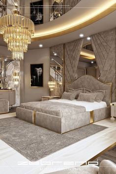 a bedroom with a large bed and chandelier in the middle of the room