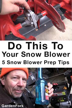 a man is holding a blower in his hand and the words do this to your snow blower 5 snow blower prep tips video