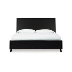 a bed with white sheets and black headboard on it's side, in front of a white background