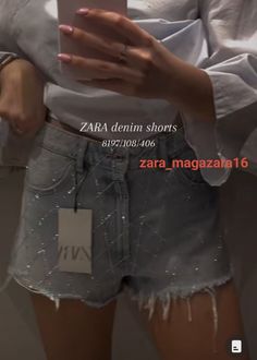 Rhinestone Shorts, Zara New, Rhinestone Appliques, Shorts With Pockets, New Woman, Short Outfits, Denim Shorts, Light Blue, Zara