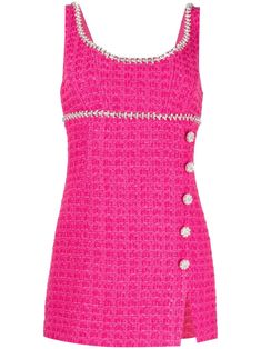 fuchsia pink bouclé construction crystal embellishment sleeveless thin shoulder straps scoop neck front slit thigh-length Pink Tweed, Pink Chanel, Fuchsia Pink, Pink Mini Dresses, Crystal Embellishment, Self Portrait, Denim Dress, All Fashion, Jacket Dress