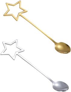 two spoons with gold and silver stars on them, one in the shape of a star