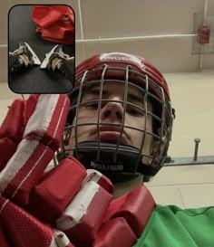 a hockey goalie's helmet and gloves are shown in three different photos, including one with his mouth open