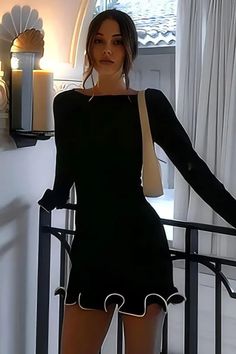 Short Dresses Casual Winter, Fall Short Dress, Short Black Dress Long Sleeves, Ruffles Dress, Butterfly Sleeve Dress, Embellished Fashion, Homecoming Outfits, Short Bodycon Dress