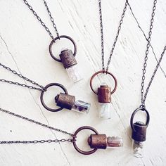 Just as you are an original, so too are these one-of-a-kind copper electroformed crystal gemstone infused rollerball essential oil necklaces. No two will ever be the same!  Each gemstone topped roller ball pendant bottle comes pre-filled with matching genuine tiny crystals and has a metal rollerball top. Suspended from an extra long approx 35" (89cm) copper plated chain, it arrives empty for you to add your own aromatherapy blends. Applied to the wrists, neck or behind the ears during your busy day, creates a great way to balance your energy and lighten your spirit while keeping your favourite scent close by at all times. Choose from amethyst, rose quartz or strawberry quartz *please note - due to the nature of handmade, each piece is unique and may differ slightly than as shown Electroformed Jewelry Alchemy With Soul - Electroformed Copper Crystal Macrame Jewelry, Essential Oil Roller Balls, Essential Oil Necklaces, Bottle Pendant, Aromatherapy Blends, Electroformed Jewelry, Roller Ball, Essential Oil Bottles, Strawberry Quartz