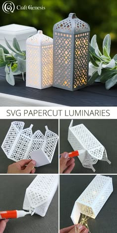 the instructions for how to make a paper lantern with candles and string lights are shown