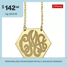 ID yourself as fashion's friend in this pretty hexagon-shaped necklace with script monogram. Must be three initials. Made in America.Personalize: 3 script letters. Initials will appear exactly as entered; center initial will be enlarged.Features: Monogrammable, Personalized, InitialsMetal Color: YellowChain Length: 18 InchChain Width: 1.25 MillimetersChain Construction: RopeMetal: 14k Gold Over Silver, 24k Gold Over SilverNecklace Type: Pendant NecklacesAssembled in the US from Imported Materia… Script Letters, Hexagon Pendant, Script Monogram, Script Lettering, Friends Fashion, Personalized Monogram, Monogram Initials, Made In America, In America