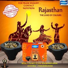 an advertisement for raishan the land of colours, with two pots and one container