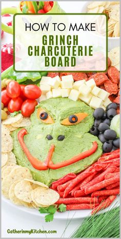 the grin face is made out of vegetables and crackers on a plate with text overlay